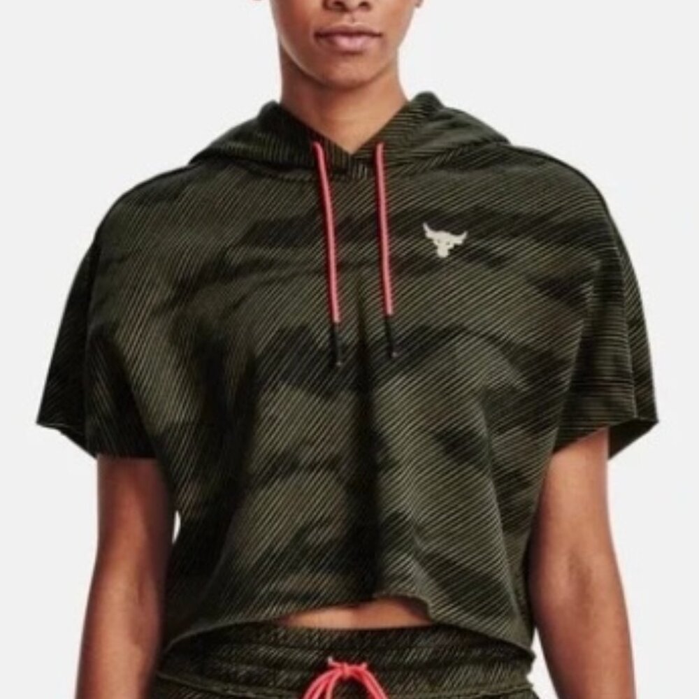 Under Armour Women's Project Rock Short Sleeve Print Hoodie Baroque Green Large